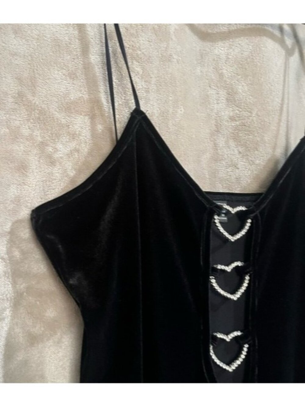 SHEIN Black Velvet Mini Sexy Rhinestone Heart Cutouts Spaghetti Straps Dress - Picture 10 of 16